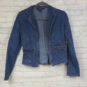 Women's Denim Jacket Stretch Fitted Distressed Blue Jean Jacket Small Classic